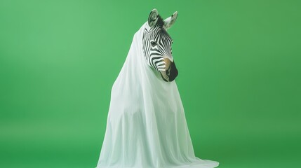 Wall Mural - Zebra with White Fabric on Green Background