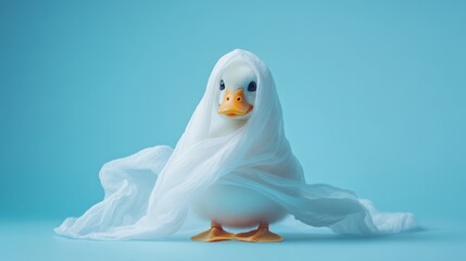 Wall Mural - Playful Duck Wrapped in Sheer Fabric Against Blue Background