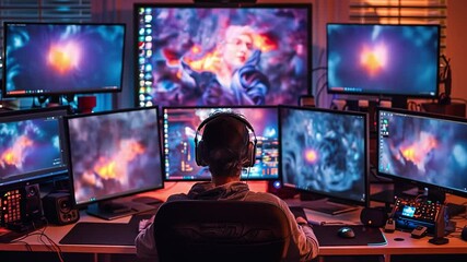Poster - A dedicated gamer is seated at a desk surrounded by multiple monitors displaying vibrant gaming visuals. The room is softly illuminated, creating an immersive atmosphere.