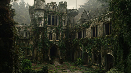 A haunted castle with overgrown courtyards, where nature has taken over the crumbling walls.