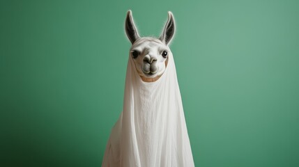 Wall Mural - Llama in a White Cloth Against Green Background