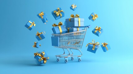 A shopping cart filled with blue gift boxes with gold bows, with more gift boxes floating around it, on a blue background.