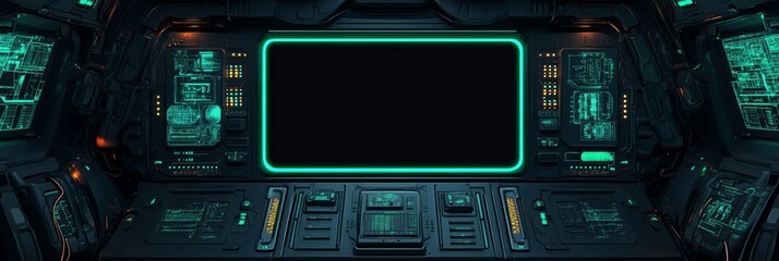 Poster - This futuristic control panel has an advanced holographic monitor, offering a unique techno aesthetic perfect for immersive gaming streams and innovative digital interfaces to enhance user experience