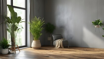 Minimalist interior design mockup featuring an empty room with grey walls, wooden flooring, lush plants, and a bright window.