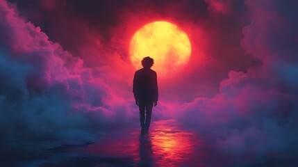 Canvas Print - A lone figure walks towards a giant red sun in a surreal landscape.