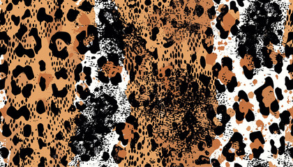 Abstract vector grunge leopard and snake skin seamless pattern texture for wild fur fabric, wallpaper, pillow, shirt, poster, card, banner, animal print patchwork design, trendy fashion textile patter