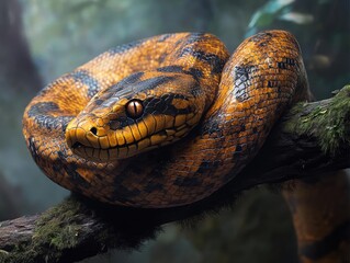 realistic anaconda coiled on jungle branch scales glistening intense gaze