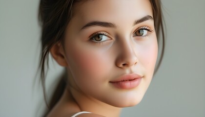 Radiant close-up portrait of a young woman with flawless skin and natural makeup, gazing softly into the camera against a soft light backdrop