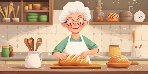 A woman in a kitchen is cutting a loaf of bread.