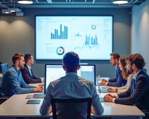 A working team of specialists discusses data on a large screen , graphs, statistics and reports