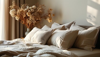 Canvas Print - Serene cozy bedroom filled with warm light, fluffy pillows, and delicate dried flowers, radiating comfort and tranquility.