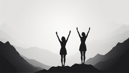 silhouette of two figures on mountaintop, arms raised in victory, misty mountain landscape, black and white photography, dramatic lighting, empowering pose, ethereal atmosphere, scenic vista, minimali