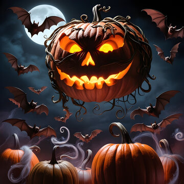 Halloween Party Design: Menacing Pumpkin Face and Hanging Bats for Brochures