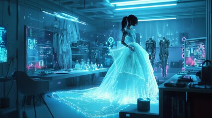 Cyborg designer stitching a dress with luminescent threads, in a futuristic fashion house filled with AI-generated textiles and holographic displays