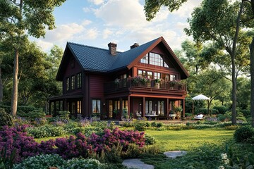 Wall Mural - luxury classic dark red chalet house with natural green farm 