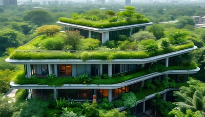 Sustainable architecture featuring a vibrant multi-tiered green roof garden in an aerial view, blending modern design with lush nature.