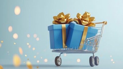 Poster - A shopping cart filled with two blue gift boxes with golden bows.