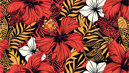 Vintage seamless pattern with tropical hibiscus flower and tapa tribal tattoo background, floral tribal tattoo design, tropical flower vector pattern, hibiscus vector art, seamless floral wallpaper