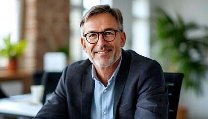 Wall Mural - Confident middle-aged man with glasses smiling in a bright, modern office setting