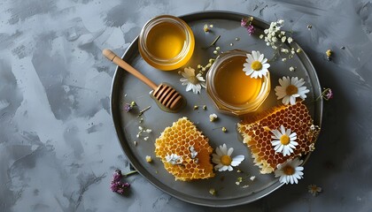 Artistic arrangement of honey, propolis pieces, and delicate flowers on a metallic surface, showcasing a harmonious blend of natural elements.