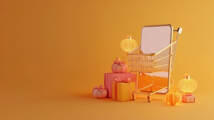 Poster - A 3D rendering of a smartphone with a shopping cart and gifts on a yellow background.