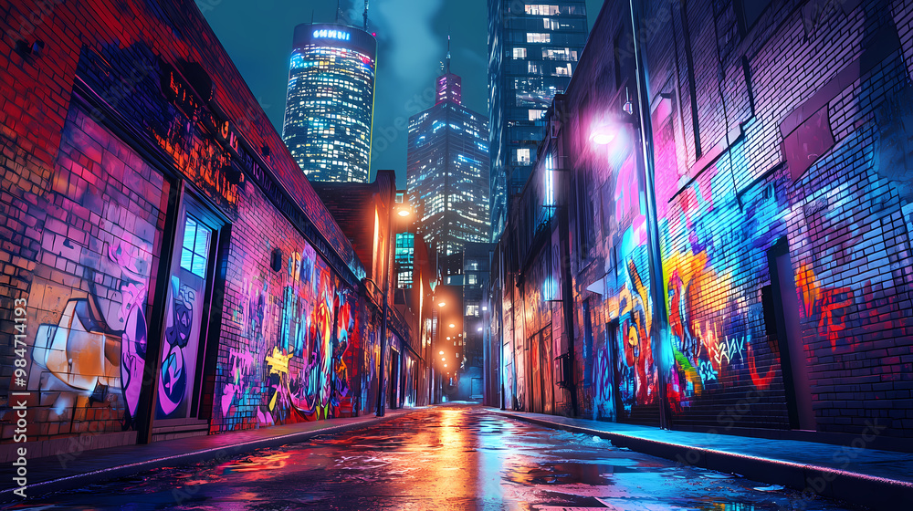 A vibrant urban alley illuminated by colorful lights, with graffiti art ...