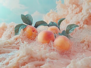 Wall Mural - Peaches Splashing in Pink Foam: A Summer Still Life