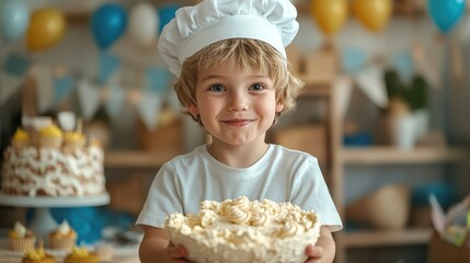 Cheerful child chef holding a delicious cake at a festive celebration, surrounded by bright balloons and joyful decorations.