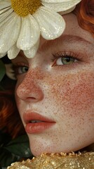 Wall Mural - Close-up Portrait of a Woman with Freckles and a Daisy