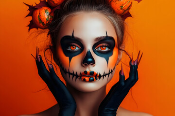 Canvas Print - putting on holiday helloween makeup on a creepy orange background.