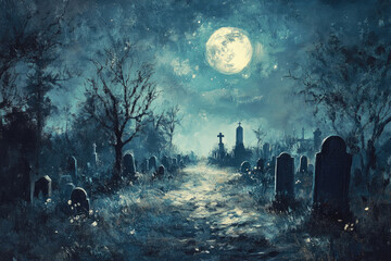 Sticker - A Moonlit Graveyard Path Under a Starry Sky