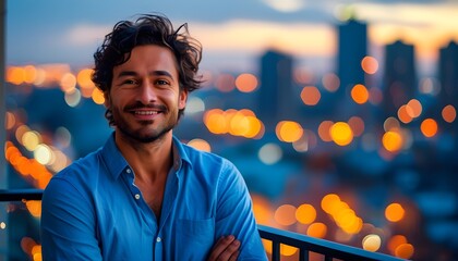 Wall Mural - Cheerful man in blue shirt stands confidently on balcony overlooking vibrant city lights at night