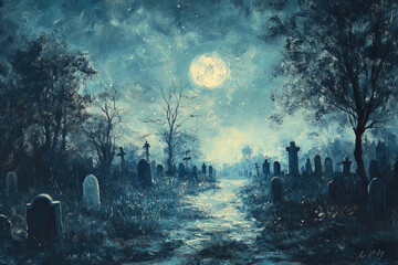 Sticker - A Moonlit Path Through a Graveyard with Silhouetted Trees and Tombstones