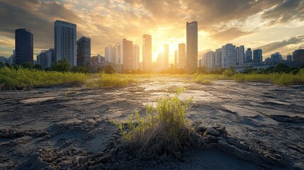 Urban heat islands caused by climate change, showing a cityscape with hot concrete and stressed vegetation