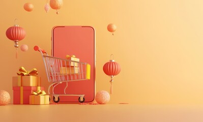 Poster - A shopping cart filled with presents sits in front of a large smartphone on a yellow background with red lanterns and gold spheres.