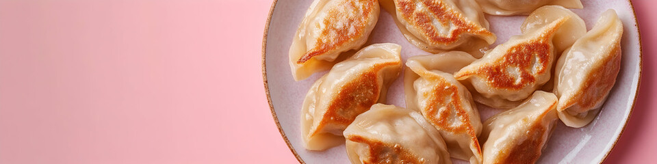 Fried dumplings with onion on plate, isolated on pastel background. Copy space image. Place for adding text and design  , Generated with Artificial Intelligance