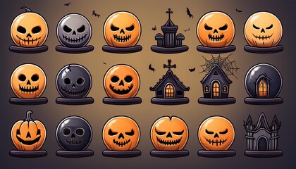 Classic Halloween Icons: A set of simple, flat icons featuring classic Halloween symbols like a pumpkin, ghost, bat, witch hat, black cat, and spider.