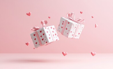 Wall Mural - Two white gift boxes with pink hearts and bows floating in the air, surrounded by pink hearts on a pink background.