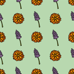 Wall Mural - Seamless pattern with little orange and violet flowers on light green background.eps