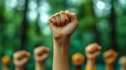 A raised fist with blurred fists in the background symbolizing unity, strength, and empowerment.