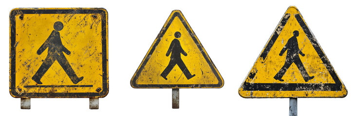 Yellow warning sign depicting a pedestrian crossing  isolated on Transparent