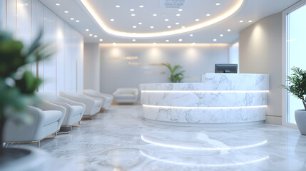 Modern interior design architecture elegant luxury hospital healthcare waiting room sleek marble reception desk elegant seating soft lighting inviting calm contemporary comfort decoration spacious