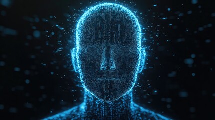 Wall Mural - A blue digital human head made of data particles on a black background.