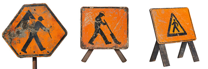  Road work ahead sign in orange with a construction icon isolated on Transparent