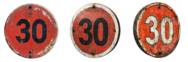 A red maximum speed limit 30 sign in a circle isolated on Transparent