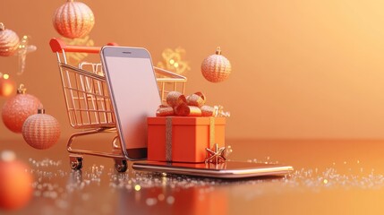 Wall Mural - A shopping cart with a smartphone and a gift box, surrounded by Christmas ornaments.