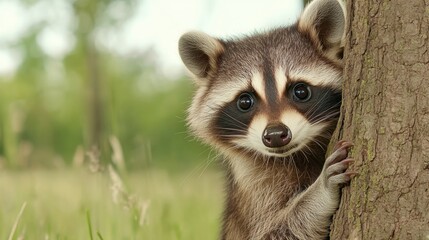 Canvas Print - A raccoon peeking out from behind a tree in the grass, AI