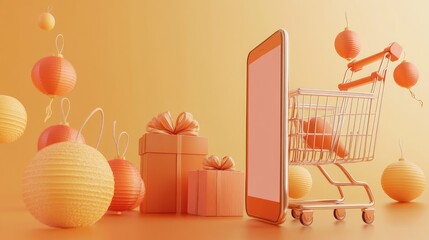 Poster - Smartphone with shopping cart and gift boxes on an orange background.