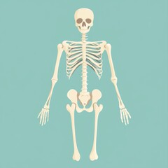 Detailed illustration of a human skeleton on a teal background, showcasing anatomical structure and bone design for educational purposes.