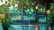 © Tanongsak idea photo - Futuristic digital screens with data analytics and green foliage, showcasing technology and nature harmony for sustainable development.